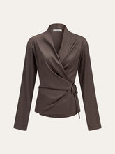 Satin Wrap-Front Long-Sleeve Top